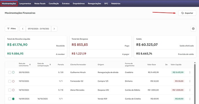 exportar movimentações financeiras